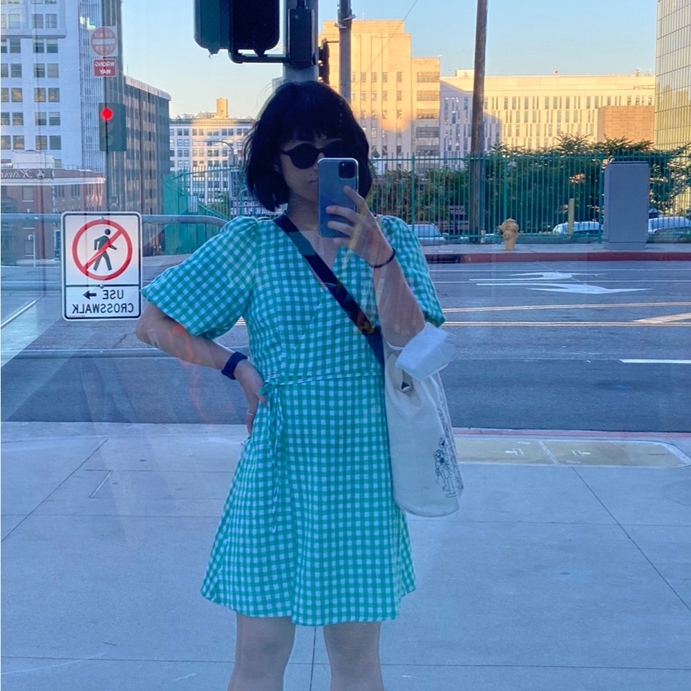 LINEN BLEND GINGHAM PUFF SLEEVE WRAP DRESS